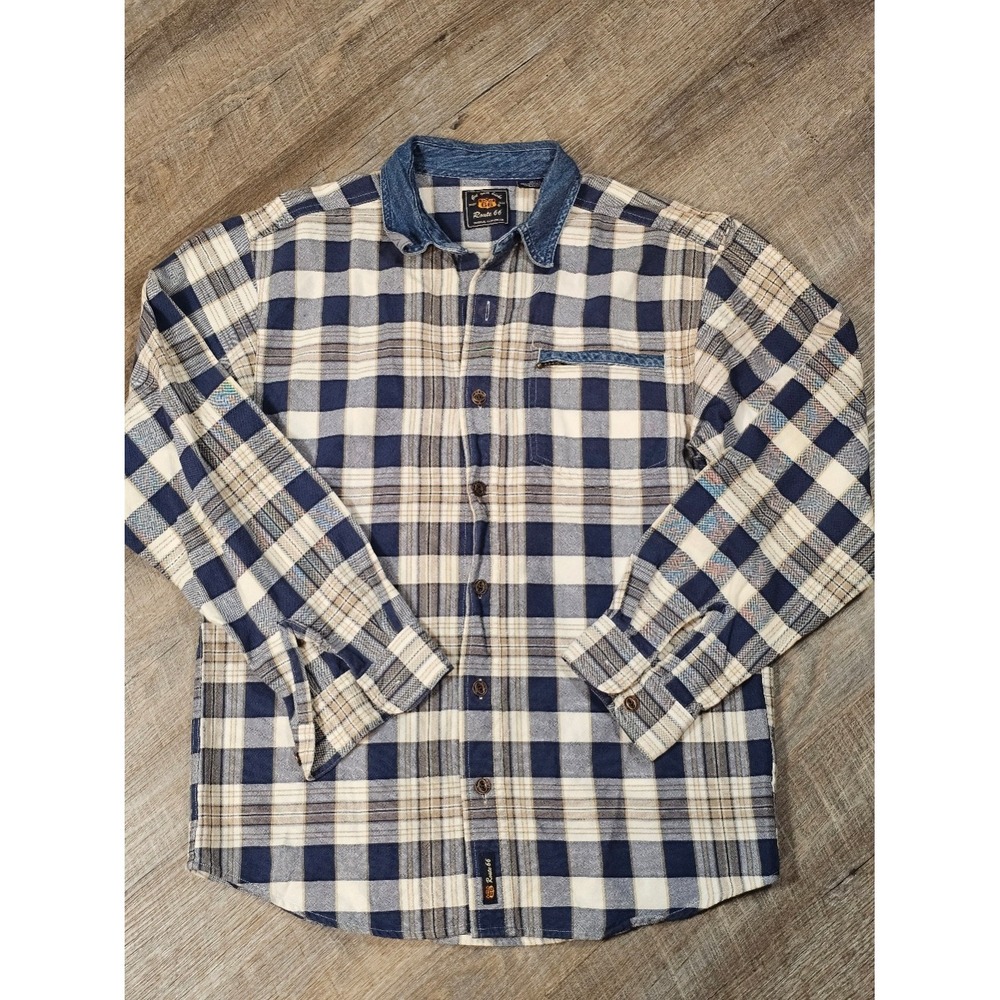 Route 66 Mens Plaid Button Down Shirt Navy Blue Cream Denim Collar Size 14/16